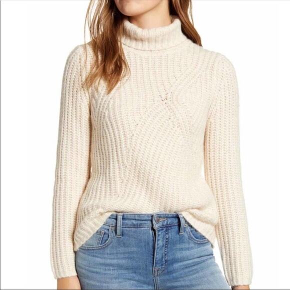 Lucky Brand Women's Oatmeal Chunky Traveling Ribbed Knit Turtleneck Sweater sz L - Picture 1 of 6